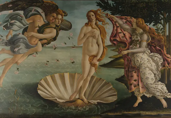 The Birth of Venus (Bouguereau) depicts Venus arriving on a seashell, guided by Zephyr and Hora.