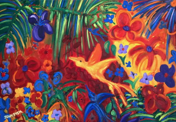 Vibrant jungle scene with a yellow bird in flight, painted by John Dyer artist. Lush foliage and colorful flowers fill the canvas.