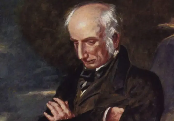 A thoughtful William Wordsworth portrait, with his gaze cast down and arms crossed, captured in a moment of quiet contemplation.