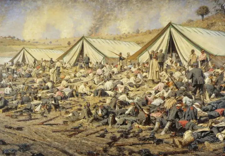 A battlefield scene by Vasily Vereshchagin depicts rows of tents and countless fallen soldiers, some wounded, others deceased, amidst scattered weapons and smoke rising in the distance.