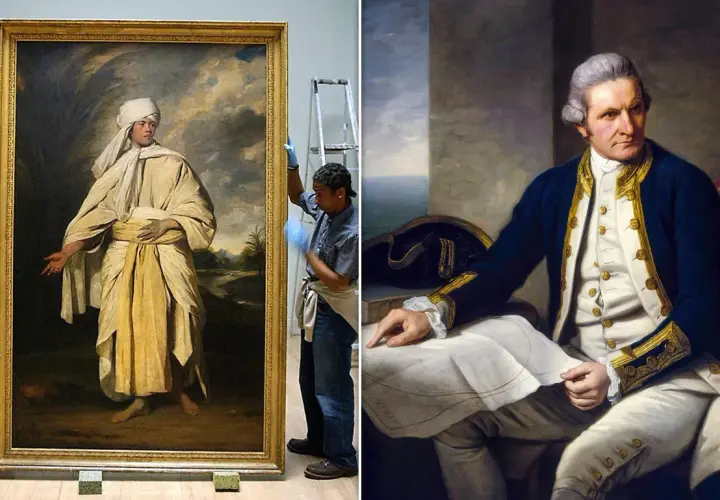 A portrait of Omai, a Tahitian prince, is shown being handled by museum staff. Beside it, a portrait of Captain Cook in naval uniform.