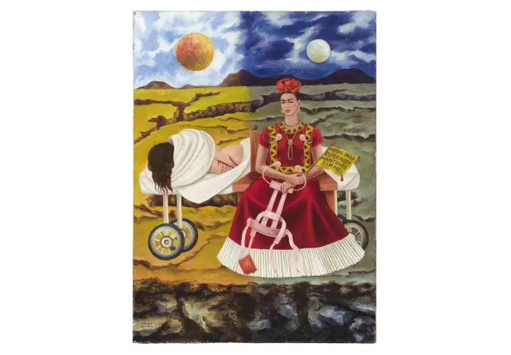 A surreal painting in Frida Kahlo style depicts a woman in a red dress seated next to a figure on a wheeled stretcher, symbolizing duality and resilience.