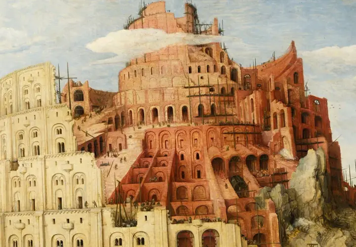 A detailed painting of the Tower of Babel, showing its immense scale and ongoing construction with many tiny figures working.