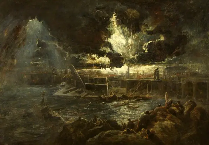 Dramatic, dark clouds loom over a chaotic scene of destruction and panic. This Pompeii art depicts a city in ruins, with people fleeing and boats capsizing in the turbulent waters.