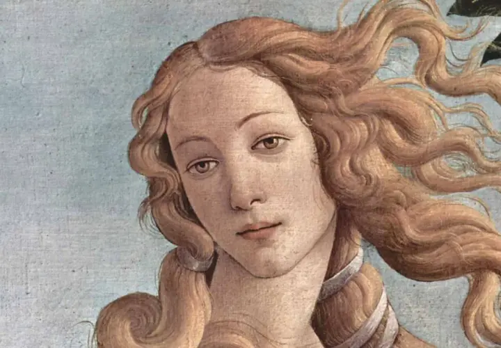 The face of Venus, a timeless muse in art, with flowing golden hair against a pale blue sky.