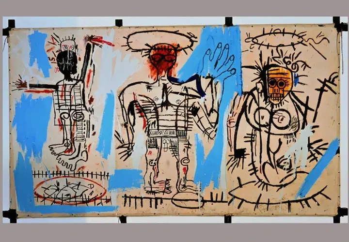 Basquiat's triptych meaning unfolds through three raw figures, their bodies outlined in black, with splashes of blue and red.
