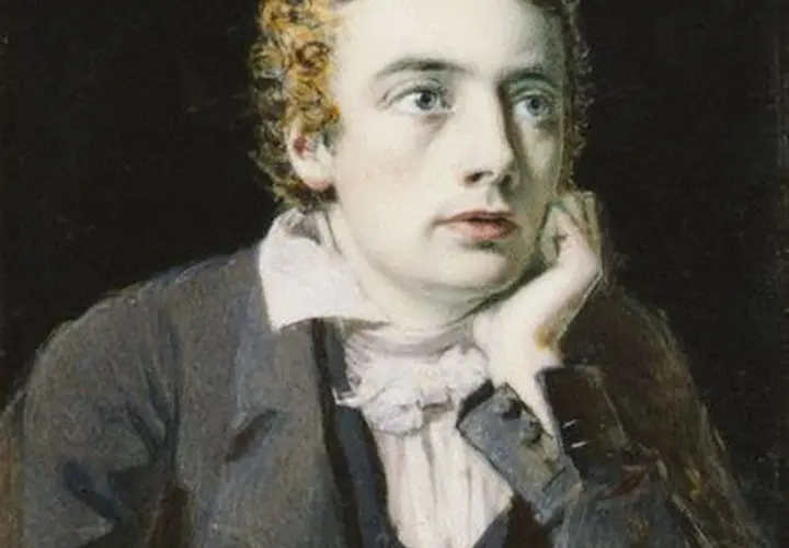 A thoughtful John Keats portrait, his hand resting on his cheek, with curly hair and a ruffled collar.