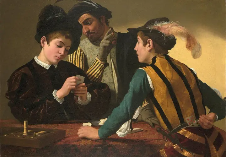 In the fortune teller painting, a young man plays cards while another peeks at his hand. A third man, with a sly expression, gestures to the viewer.