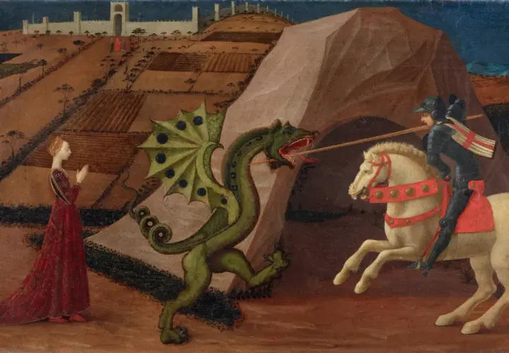 Uccello's St. George and the Dragon: A knight on a white horse charges a green dragon, while a princess in a red gown prays.