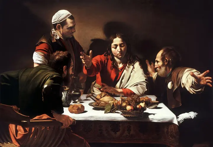 Caravaggio's Supper at Emmaus: Jesus blesses a meal with disciples, one gesturing in surprise.