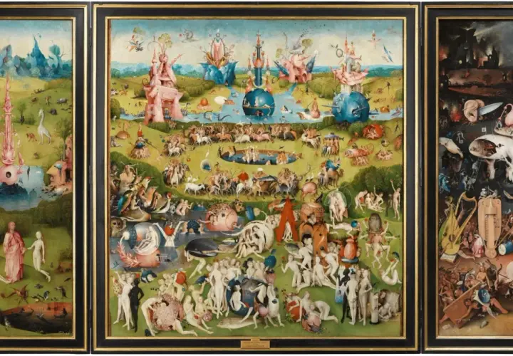 A triptych depicting a surreal landscape with fantastical creatures and human figures, showcasing the power of visual literacy in art to convey complex narratives and moral lessons.