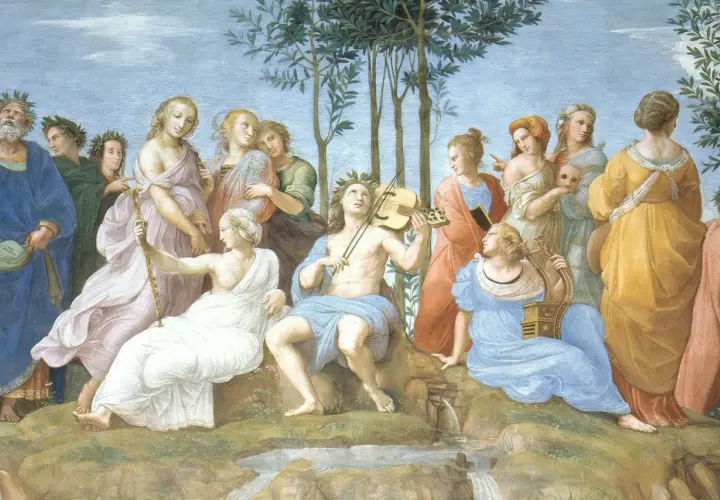 A gathering of ancient Greek muses, some playing instruments like a lyre and violin, others holding masks and staffs, under a canopy of trees.