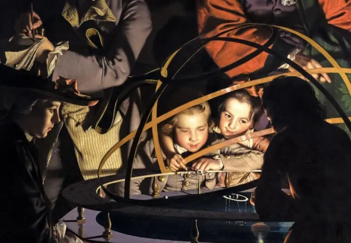 Children gaze at an armillary sphere, their faces illuminated by a dramatic tone in art. A woman in a hat watches intently.