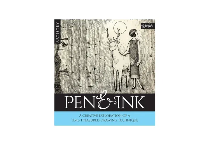 Pen and ink drawings showcase a woman and deer in a forest. The book title "Pen & Ink" is prominently displayed.