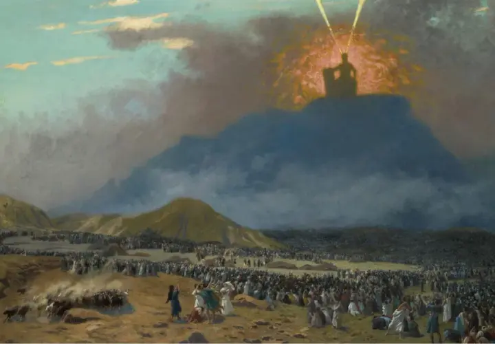A dramatic painting depicts Moses on Mount Sinai, silhouetted against a divine light, as a vast multitude of people gather below.