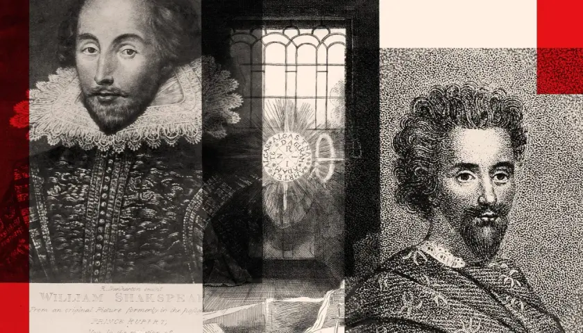 A collage featuring a portrait of William Shakespeare, a window with a sunburst, and a portrait of Christopher Marlowe.