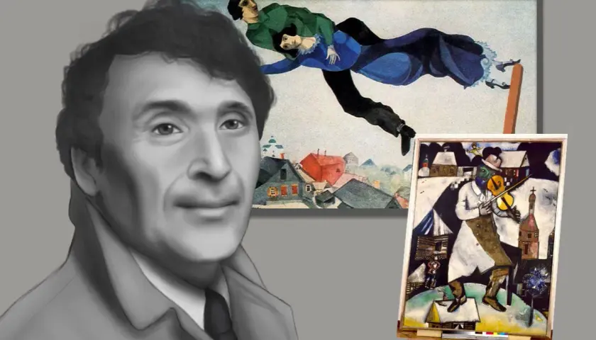 A portrait of the famous Marc Chagall with two of his iconic paintings, one depicting a couple flying over a village, and another of a violinist in a snowy landscape.