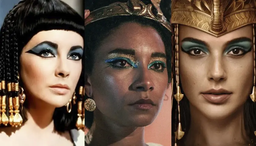 Three striking portraits of Cleopatra, showcasing her iconic eye makeup and regal headdresses.