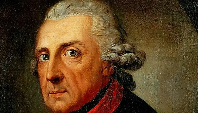 A striking portrait of Frederick the Great, his piercing gaze and powdered wig hinting at his regal presence.