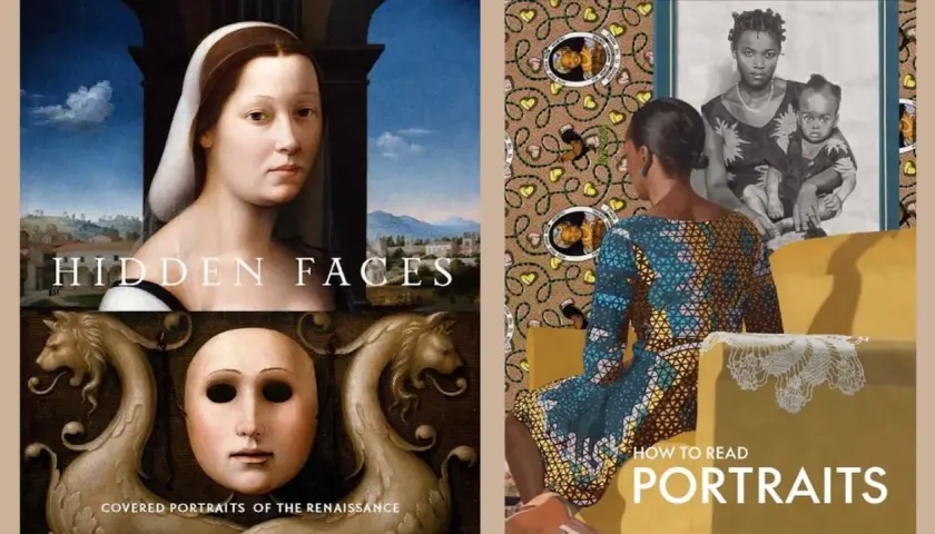 Collage of book covers: "Hidden Faces" features Renaissance portraits. "How to Read Portraits" shows a modern woman and a family portrait.