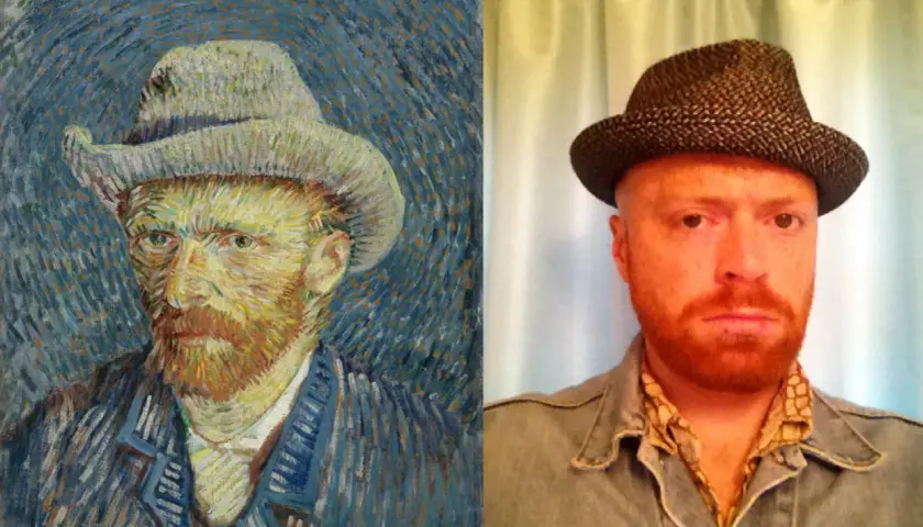 A split image: Van Gogh's self portrait in a straw hat on the left, and a modern man in a similar hat on the right.