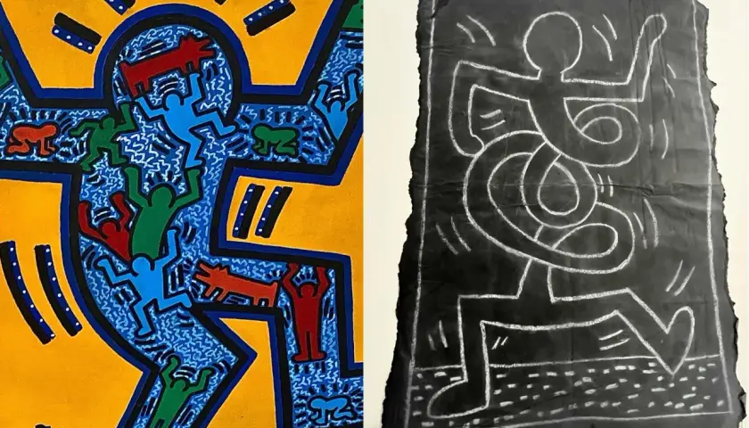 Two contrasting pieces of Keith Haring subway art. One is a vibrant, colorful depiction of figures and dogs, while the other is a stark, chalk-like drawing on black paper.