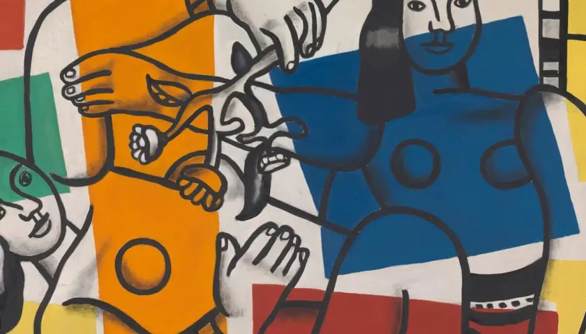 A vibrant scene from Fernand Léger paintings, featuring bold figures in primary colors, interacting with a flower.