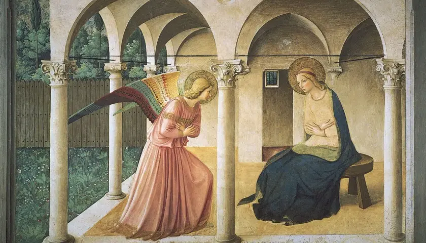 Annunciation fresco painting: Angel Gabriel kneels before the Virgin Mary, announcing her divine pregnancy.