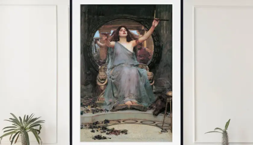 Circe, a sorceress, offers a cup to Ulysses, her gaze alluring as she holds a wand. A boar lies at her feet.