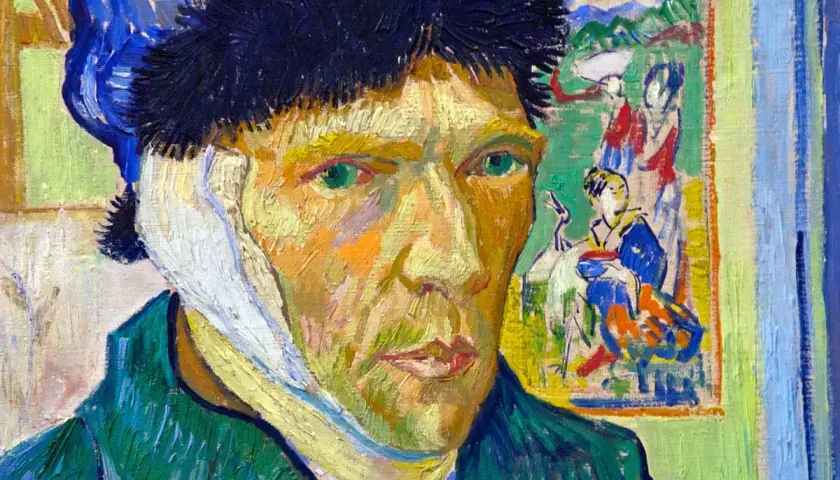 Van Gogh's self portrait with bandaged ear, his intense green eyes gaze out from a face painted with bold strokes.