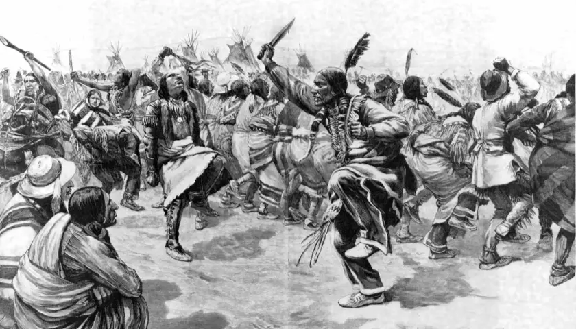 Native Americans in traditional attire perform a spiritual dance, with feathered headdresses and symbolic movements evoking the Ghost Dance tradition.