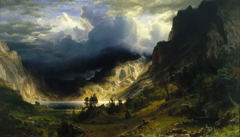 A dramatic mountain valley with a lake, showcasing the sublime style of famous landscape artists.