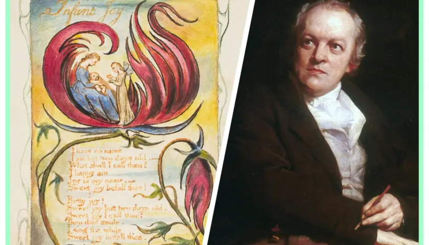 A split image: on the left, William Blake's "Infant Joy" illustration with a mother and child; on the right, a William Blake portrait of the artist himself, holding a quill.