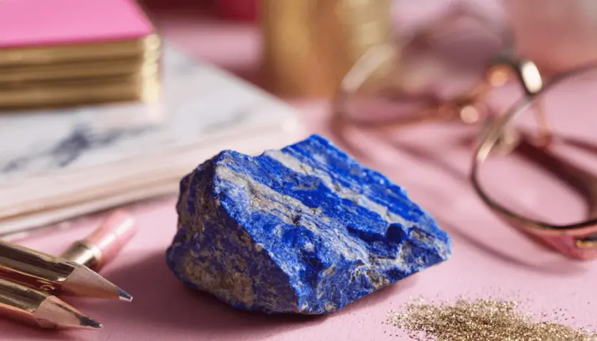 A raw, vibrant blue lapis lazuli stone sits on a pink surface, surrounded by gold pencils, a pink notebook, and rose gold glasses.