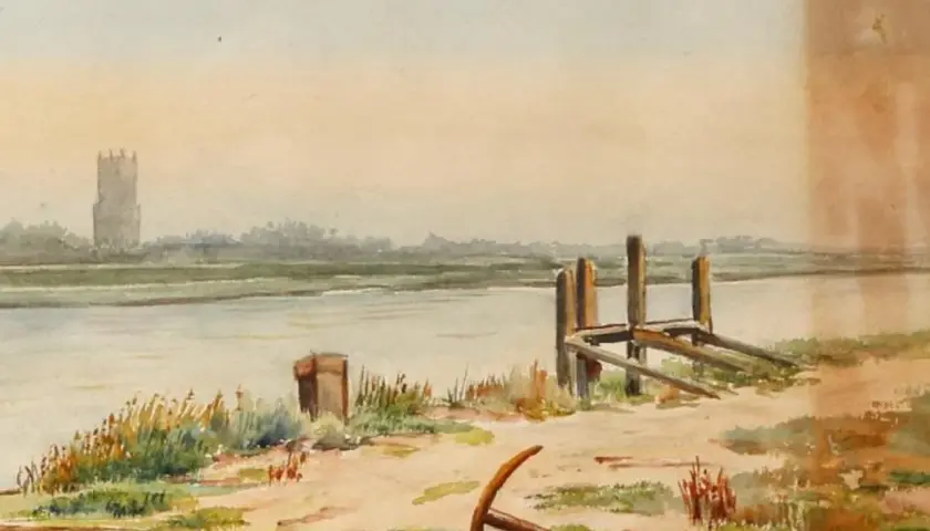A watercolor painting, possibly Hitler's artwork, depicts a serene river scene with a distant tower and a rustic dock.