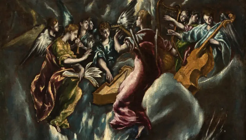 Angels play music in the heavens, a scene that captures the spiritual el greco meaning.