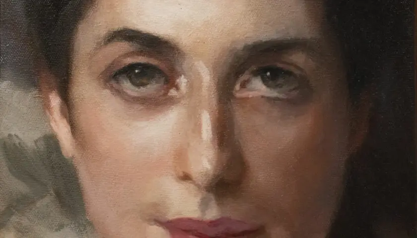 A close-up oil painting of Lady Agnew of Lochnaw's face, focusing on her eyes and lips.