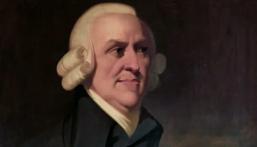 An Adam Smith portrait shows the economist with powdered wig and dark coat, looking thoughtfully to the side.