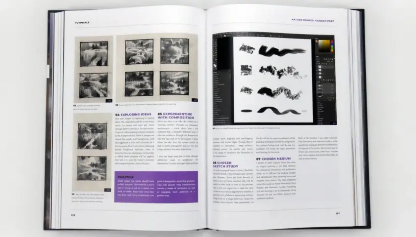 Book page showing digital painting tutorials, with sketches and Photoshop interface. The composition in art is explored through layout studies and brushwork.