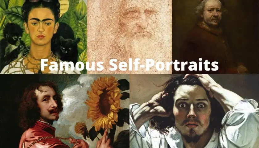A collage of famous self-portraits, including Frida Kahlo with monkeys and a cat, Leonardo da Vinci's sketch, Rembrandt, and a dramatic self-portrait with hands on head.