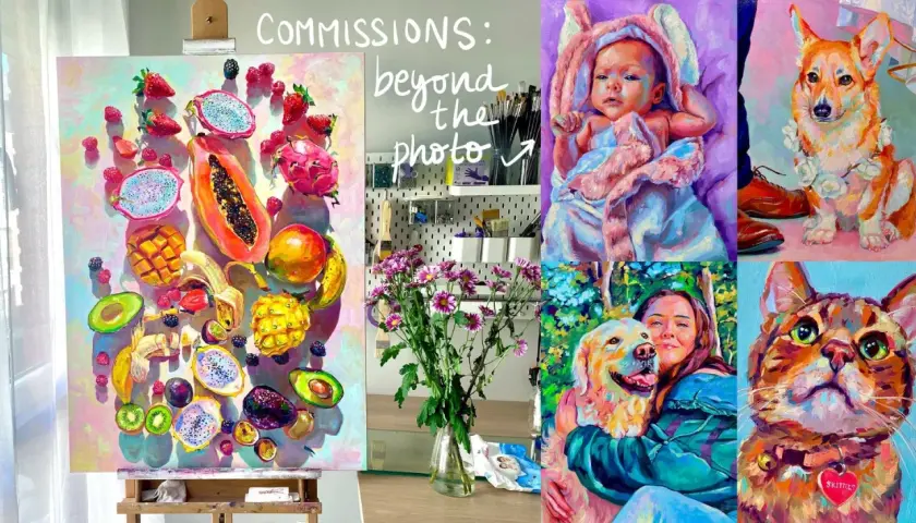 Vibrant paintings of a baby, dog, cat, woman with dog, and fruit display the work of unique portrait artists.