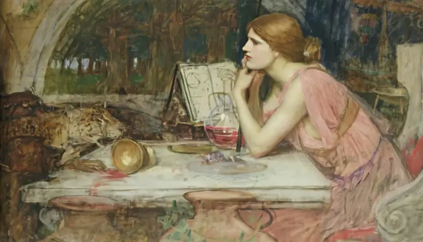 A pensive woman in a pink dress, likely Circe, gazes into the distance in this painting. She rests her chin on her hands, surrounded by alchemical tools and a mysterious red liquid.
