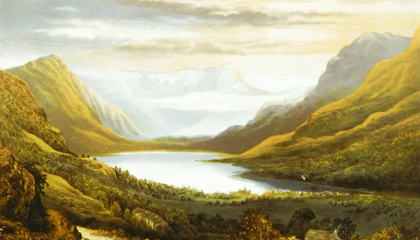 A serene lake nestled between golden, sun-drenched mountains. The artist masterfully uses light and shadow to create a peaceful tone in this landscape.