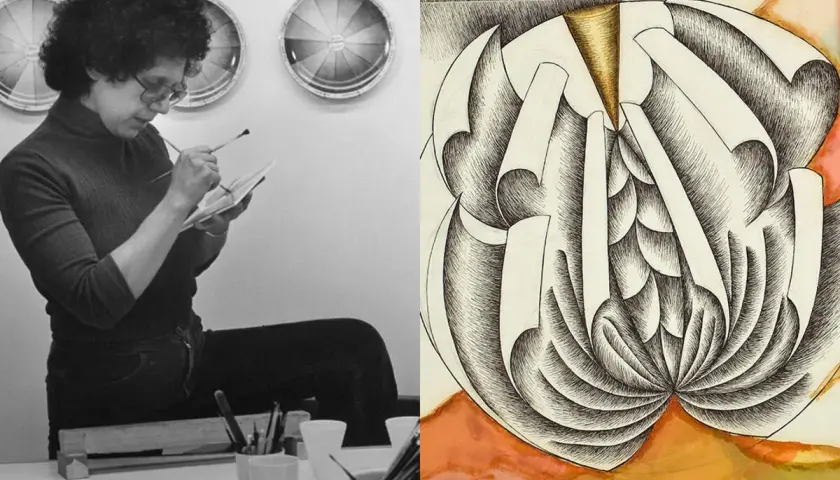 A woman paints, embodying the spirit of the feminist art movement. Beside her, a detailed drawing of a stylized, organic form.