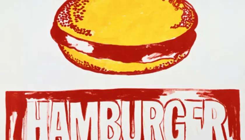 Andy Warhol's iconic pop art hamburger, rendered in bold red and yellow, with the word "HAMBURGER" emblazoned below.