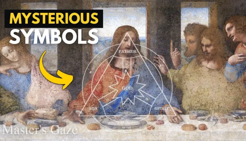 Leonardo da Vinci's painting of the Last Supper, overlaid with geometric symbols and text about "Mysterious Symbols.