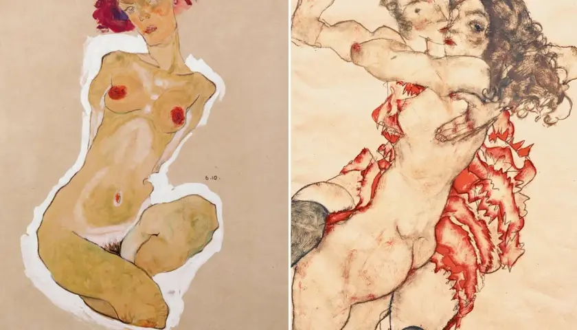 Two expressive Egon Schiele nudes, one a solitary figure, the other a passionate embrace, showcase his distinctive style.