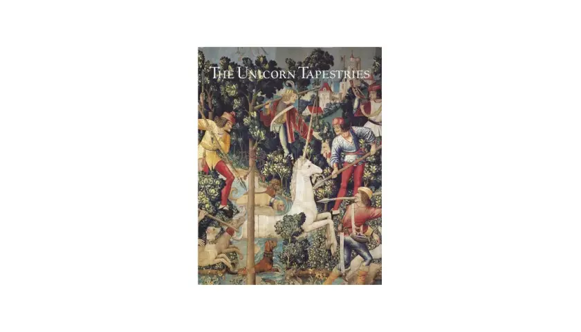 A famous medieval tapestry depicts hunters and dogs pursuing a white unicorn through a lush forest, with a castle in the background.