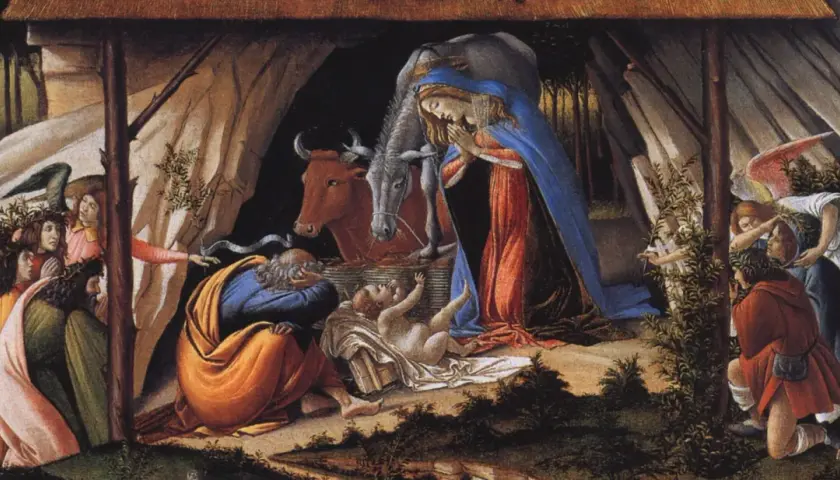 A classic nativity scene, one of many nativity paintings by famous artists, depicts Mary, Joseph, and angels gathered around the infant Jesus in a humble stable.