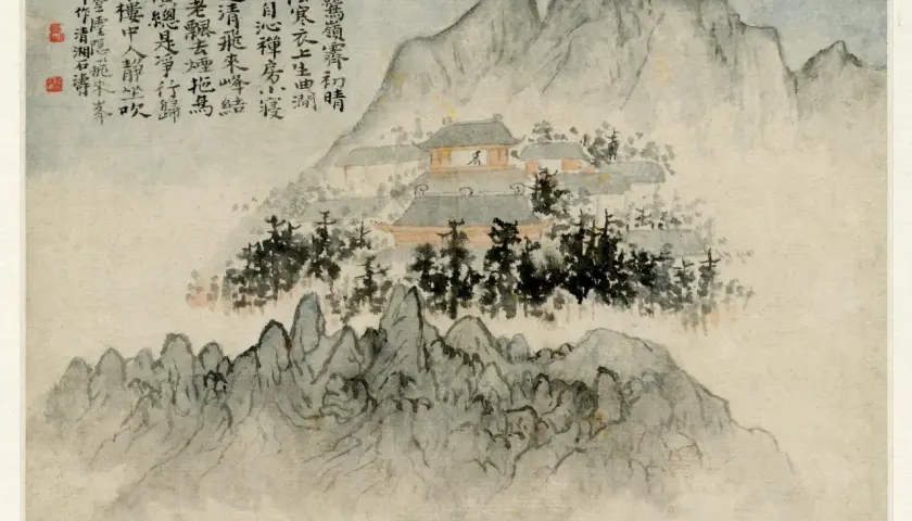 A traditional Chinese painting depicts a serene mountain landscape with a temple nestled among trees. Calligraphy adorns the left side.